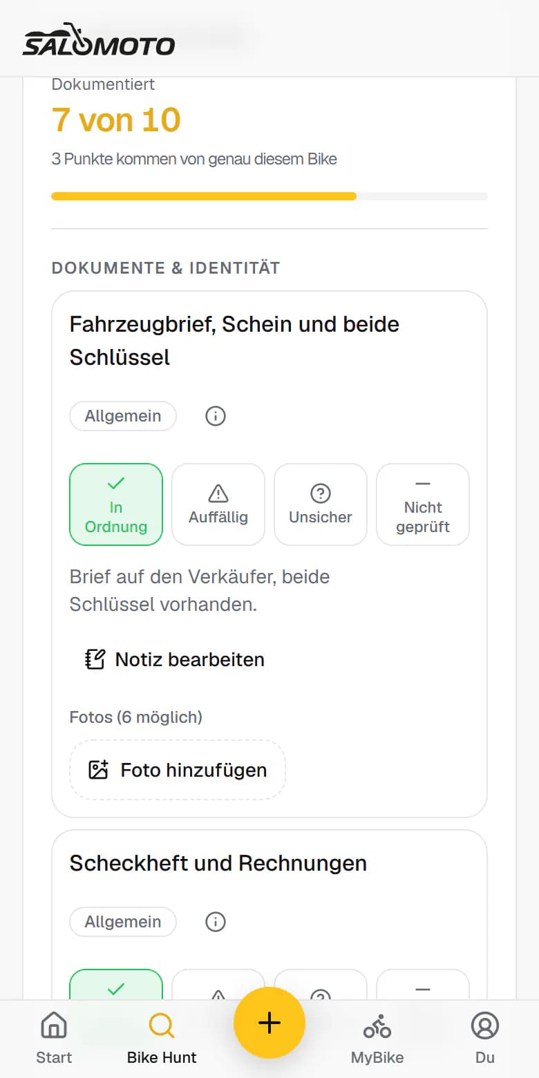 Check-list d'inspection avec points de contrôle, conseils et points cochés
