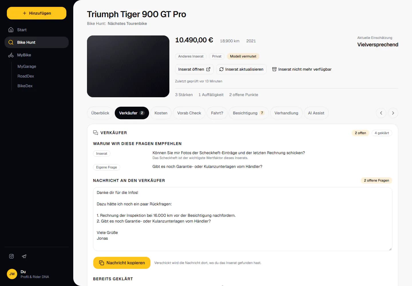Questions au vendeur pour un candidat, avec questions répondues et en suspens