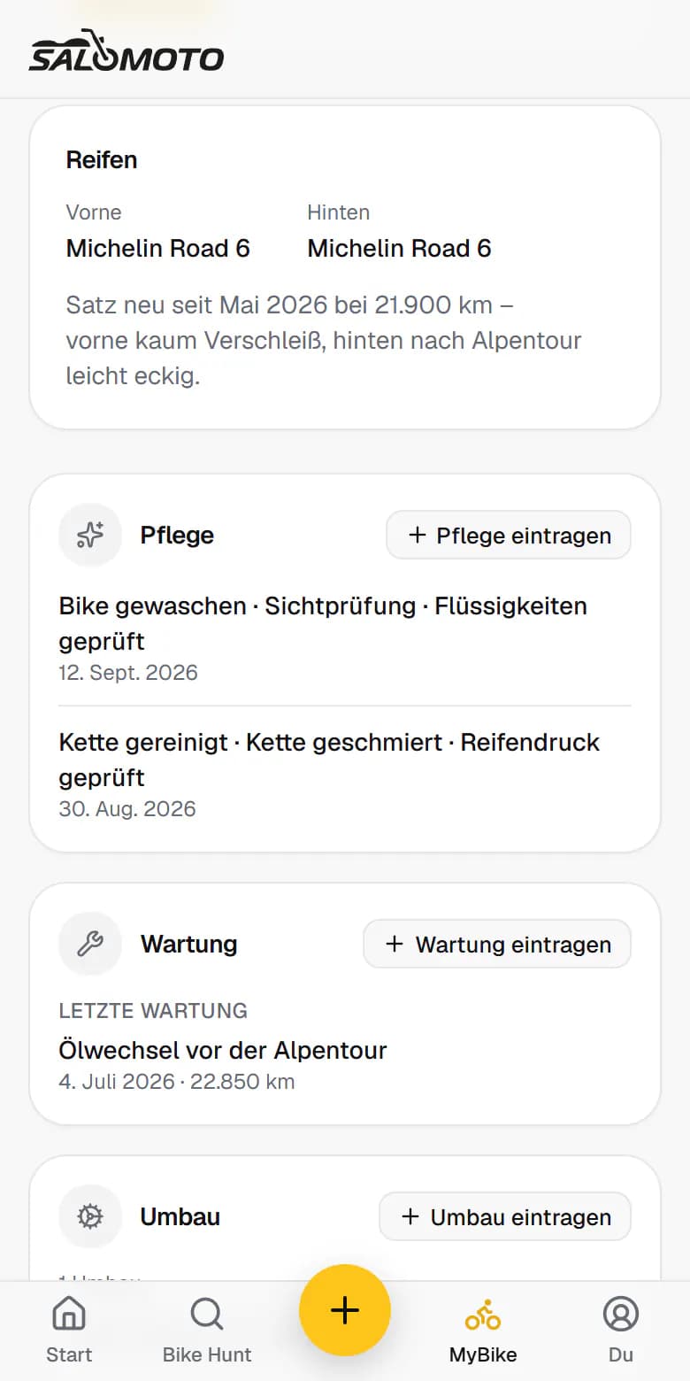 Ein Motorrad in MyGarage: Laufleistung, Reifen, Wartung und Historie auf einen Blick