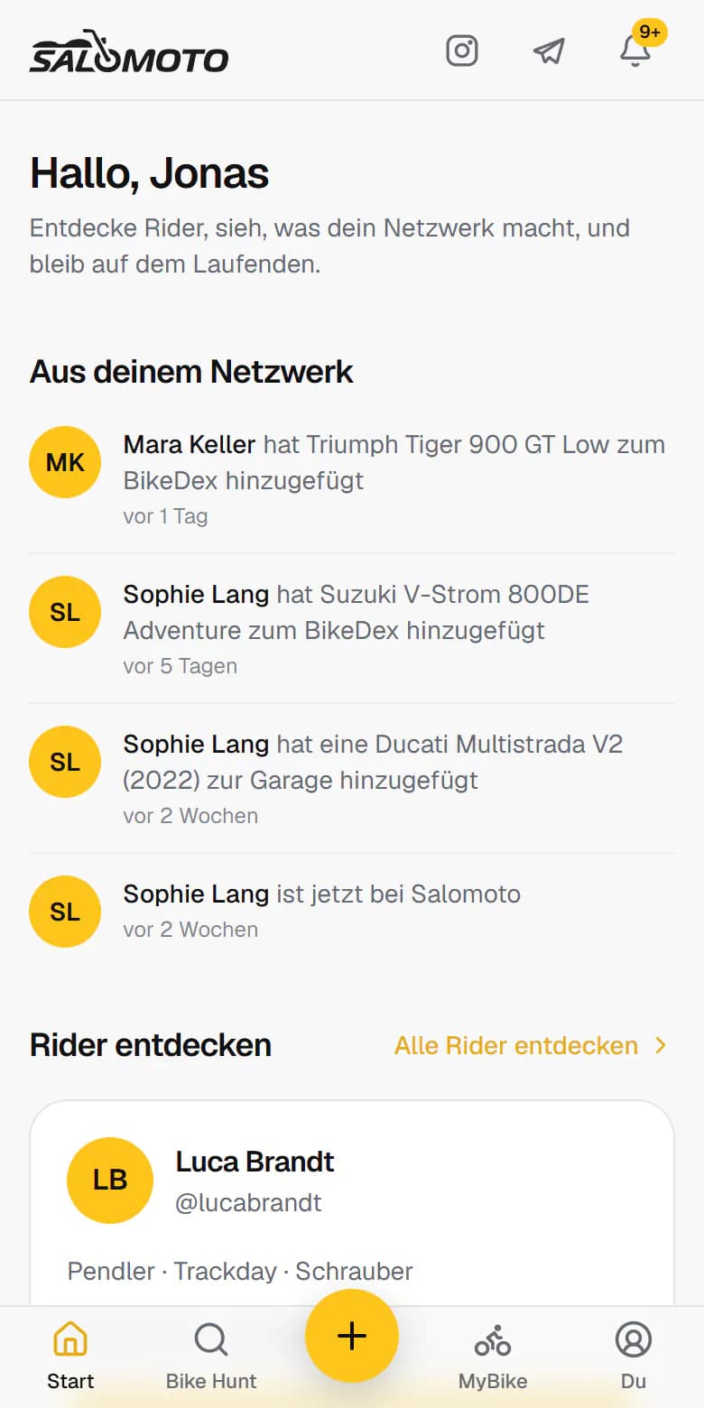 Startseite der App auf dem Handy: Aktivität von Fahrern, denen du folgst, und vorgeschlagene Fahrer