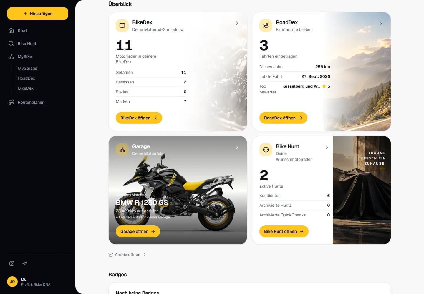 The profile dashboard on a computer: BikeDex, RoadDex, Garage and Bike Hunt as four tiles