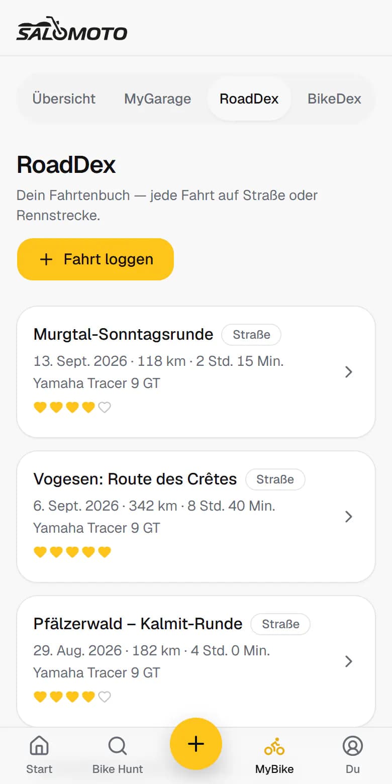 RoadDex auf dem Handy: manuell eingetragene Fahrten mit Strecke, Datum und Bewertung